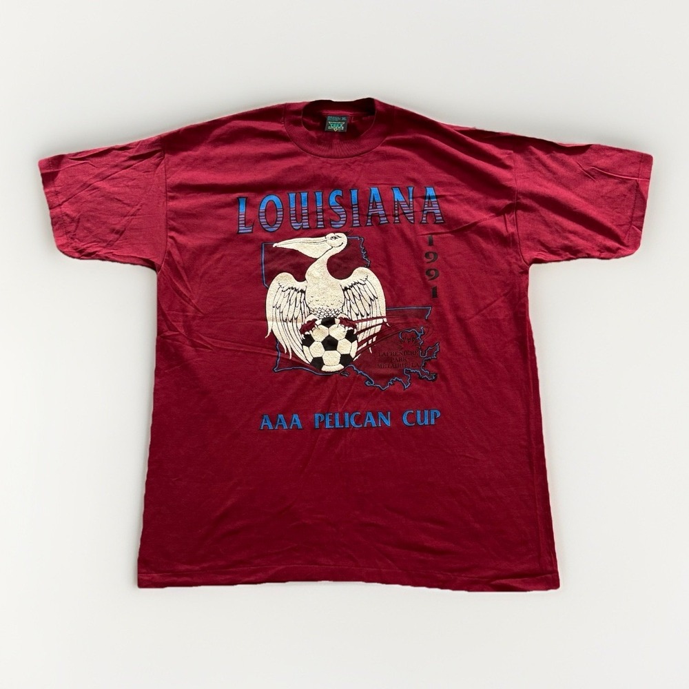 Vintage 90s Soccer Graphic T-shirt Mens XL‎ Red Single Stitch 1991 Louisiana